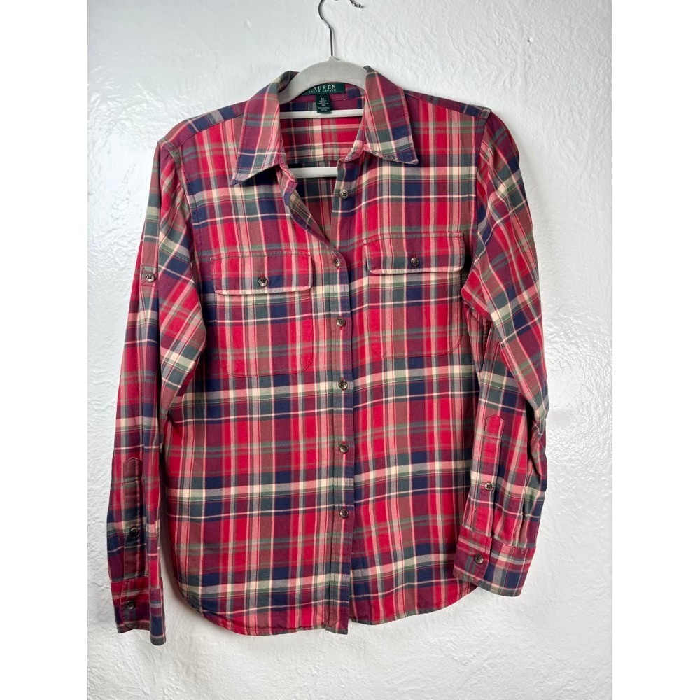 Lauren Ralph Lauren Plaid Shirt‎ Womens M Red Blue Cotton Button Down Preppy
